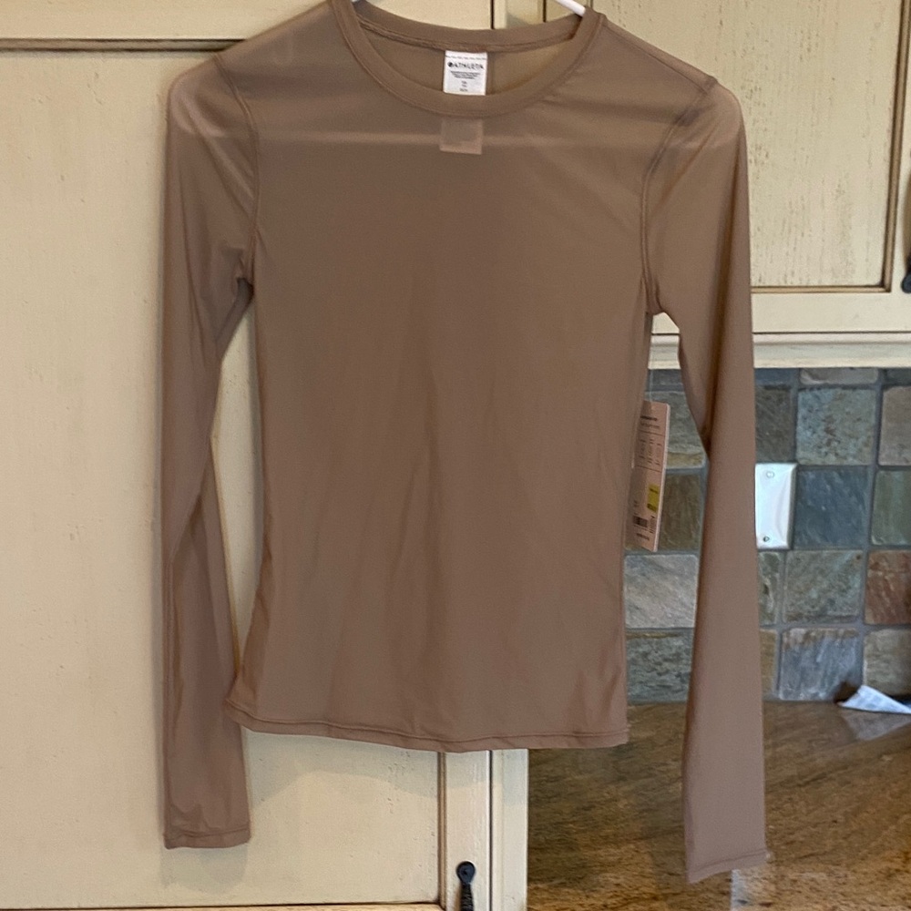 NWT Athleta Apero Mesh Long Sleeve Top in Brownstone Beige